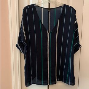 Ann Taylor Striped V-Neck Blouse - Navy and Green